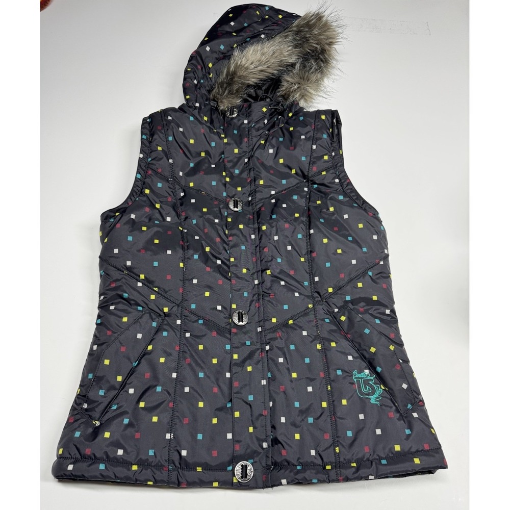 Burton Vest Womens M Black Puffer Polka Ski Dry Ride Faux Fur Hood Snowboard